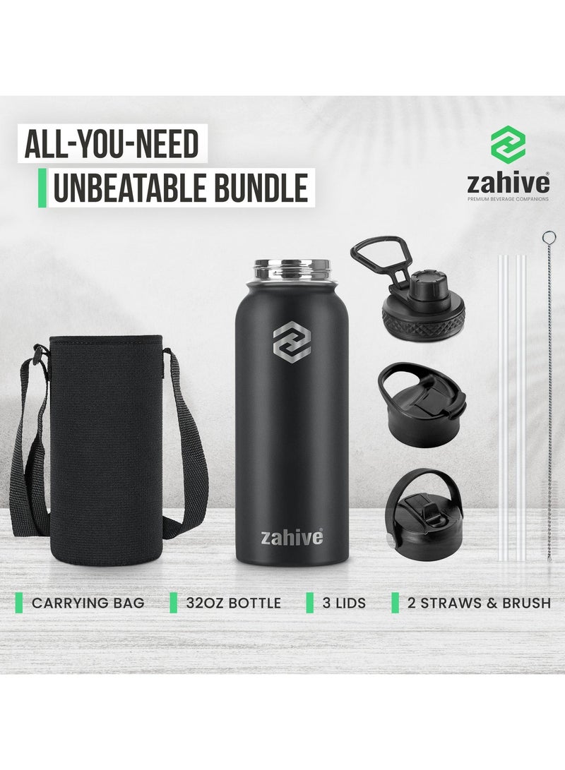 Zahive Insulated Stainless Steel Water Bottle with Straw with 3 Lids and Bag 1000 ml, Double Wall Thermos for Hot and Cold Drinks for Gym and Work, Wide Mouth, Leak Proof, 1 liter, Black - Image 2